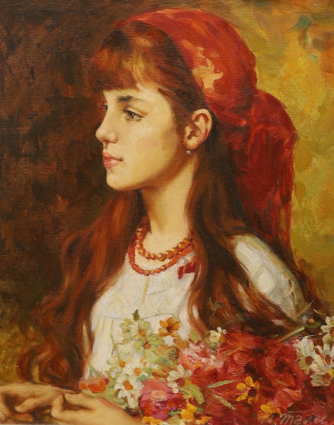 Yossif Tali (Russian, b.1960), oil on canvas, Young girl with a red scarf, signed and inscribed verso, 40 x 32cm